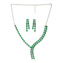 Rhodium Plated Silver Toned Teardrop Shaped Green American Diamond Studded Jewellery Set