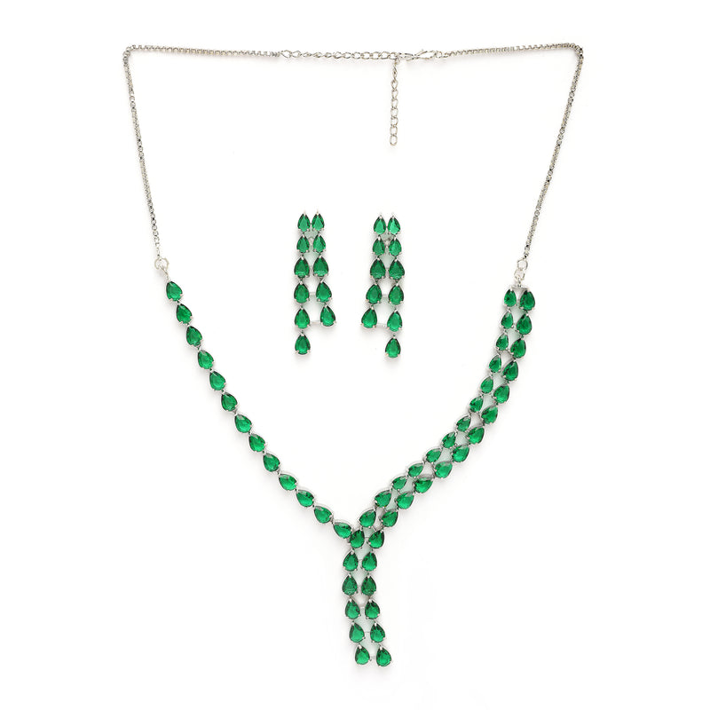 Rhodium Plated Silver Toned Teardrop Shaped Green American Diamond Studded Jewellery Set