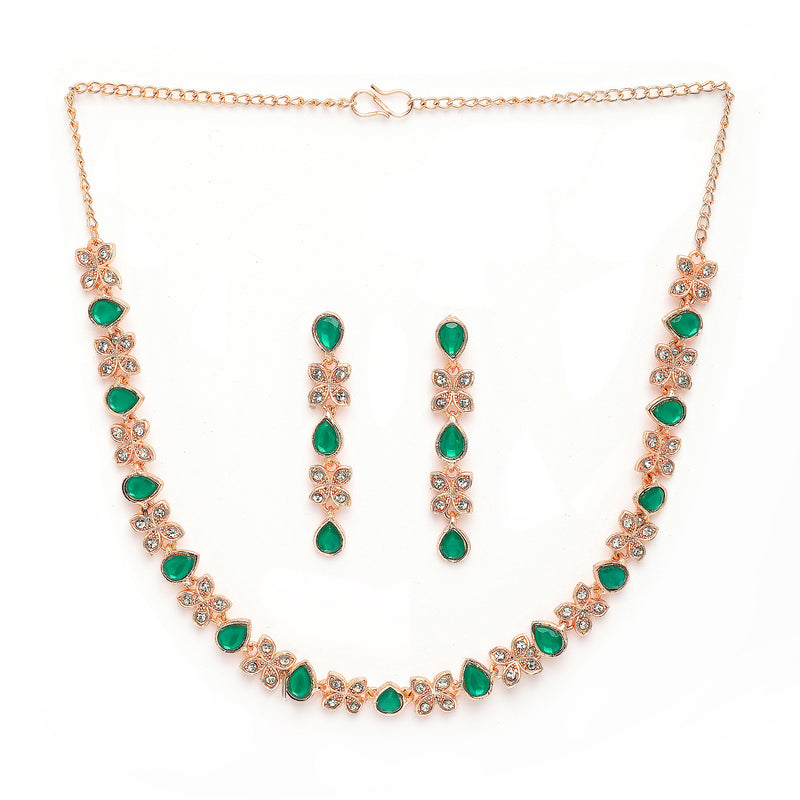Rose Gold Plated Butterfly Shaped Green Cubic Zirconia Studded Jewellery Set