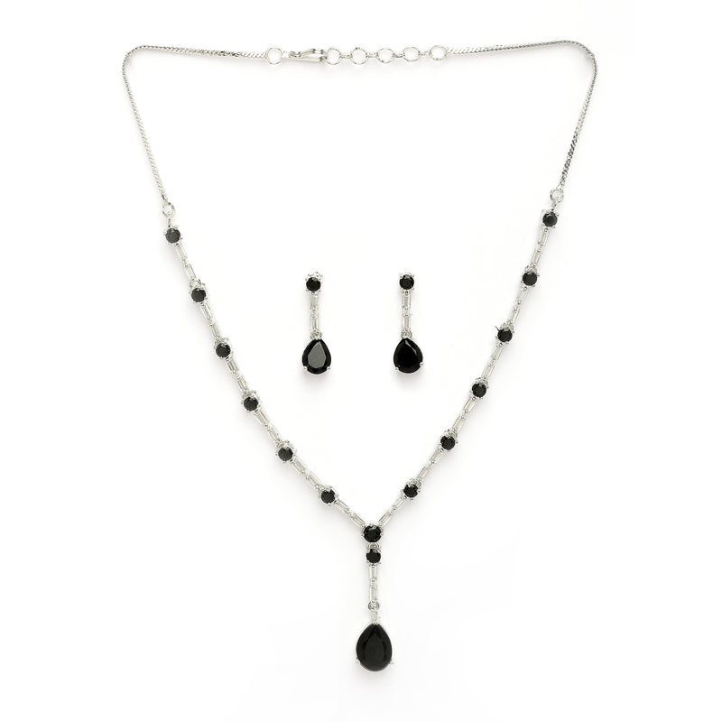 Rhodium Plated Silver Toned Teardrop Shaped Black & White American Diamond Studded Jewellery Set