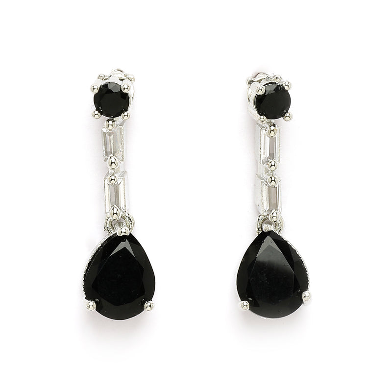Rhodium Plated Silver Toned Teardrop Shaped Black & White American Diamond Studded Jewellery Set