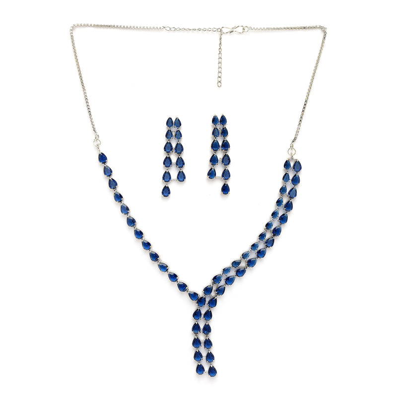 Rhodium Plated Silver Toned Teardrop Shaped Blue American Diamond Studded Jewellery Set