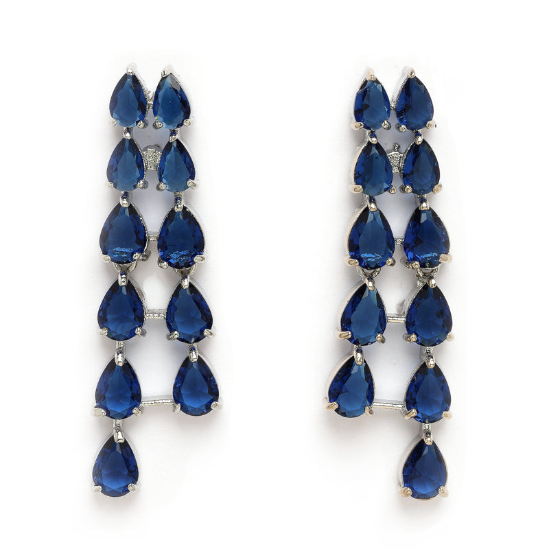 Rhodium Plated Silver Toned Teardrop Shaped Blue American Diamond Studded Jewellery Set