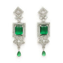 Rhodium Plated Silver Toned Rectangular Shaped Green & White American Diamond Studded Jewellery Set