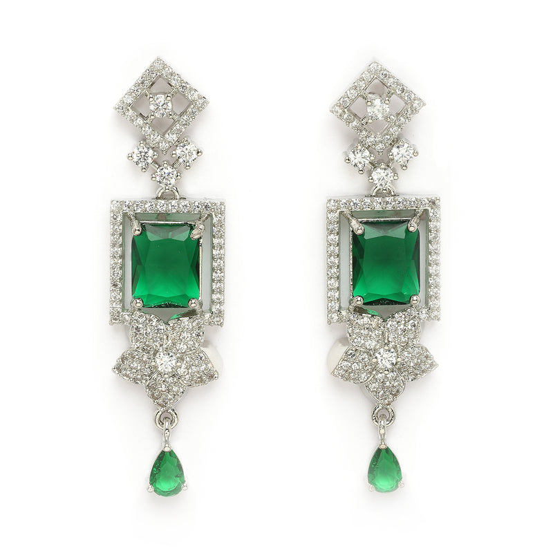 Rhodium Plated Silver Toned Rectangular Shaped Green & White American Diamond Studded Jewellery Set