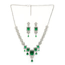 Rhodium Plated Silver Toned Rectangular Shaped Green & White American Diamond Studded Jewellery Set