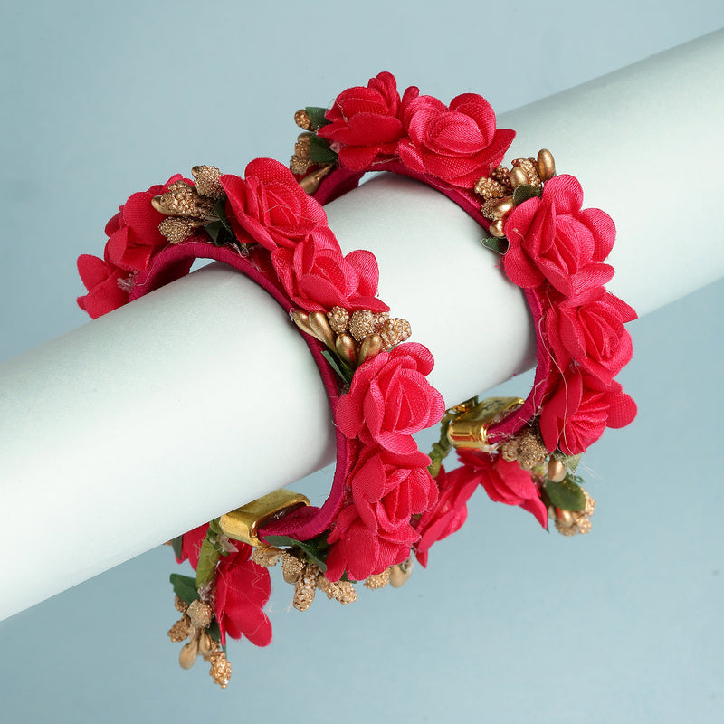 Pink Floral Handmade Beaded Haldi & Mehendi Cuff Bracelet Set Of 2
