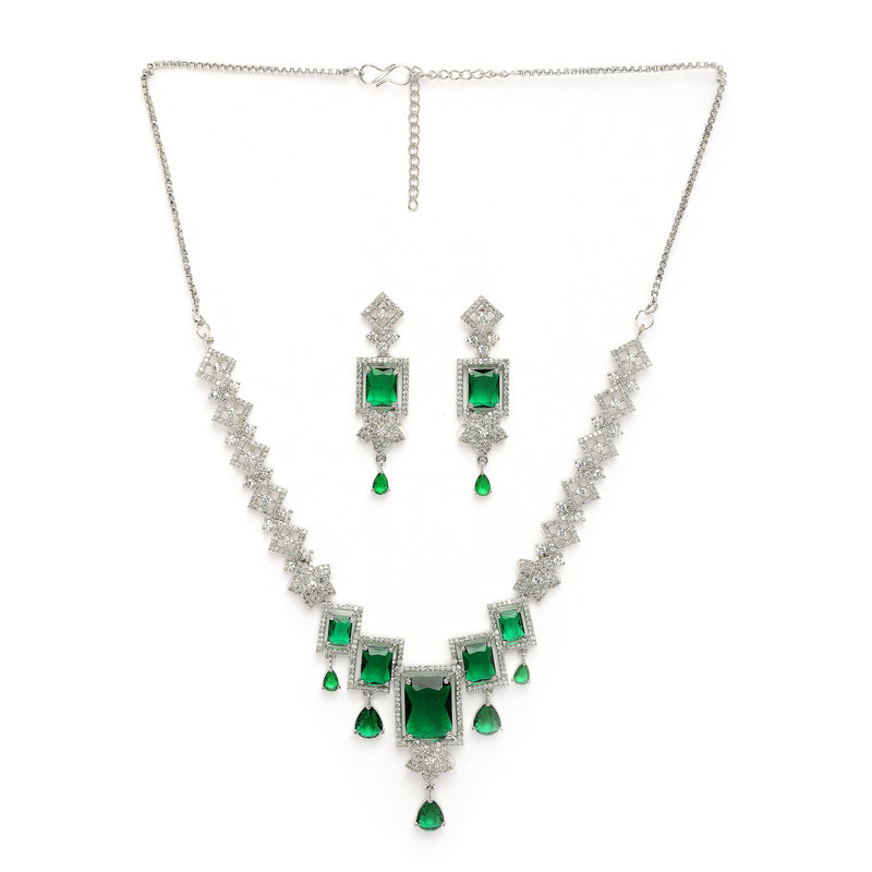 Rhodium Plated Silver Toned Rectangular Shaped Green & White American Diamond Studded Jewellery Set