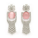 Rhodium Plated Silver Toned Floral Shaped Pink & White American Diamond Studded Jewellery Set