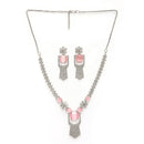 Rhodium Plated Silver Toned Floral Shaped Pink & White American Diamond Studded Jewellery Set