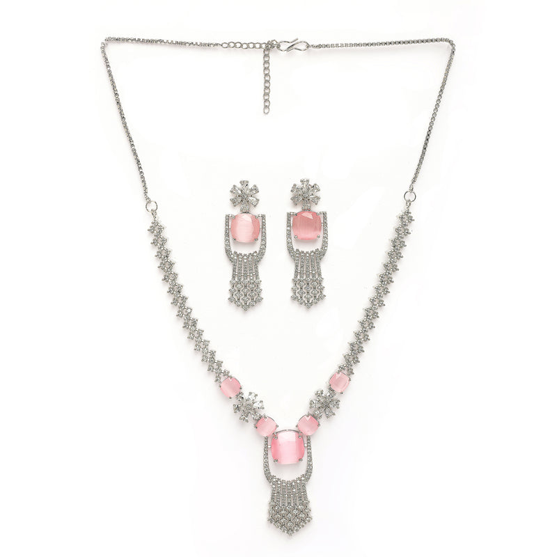 Rhodium Plated Silver Toned Floral Shaped Pink & White American Diamond Studded Jewellery Set