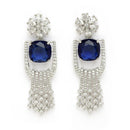 Rhodium Plated Silver Toned Floral Shaped Blue & White American Diamond Studded Jewellery Set