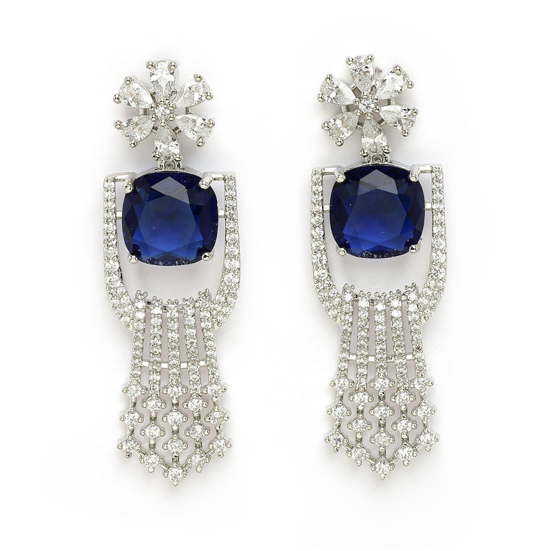 Rhodium Plated Silver Toned Floral Shaped Blue & White American Diamond Studded Jewellery Set