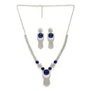 Rhodium Plated Silver Toned Floral Shaped Blue & White American Diamond Studded Jewellery Set