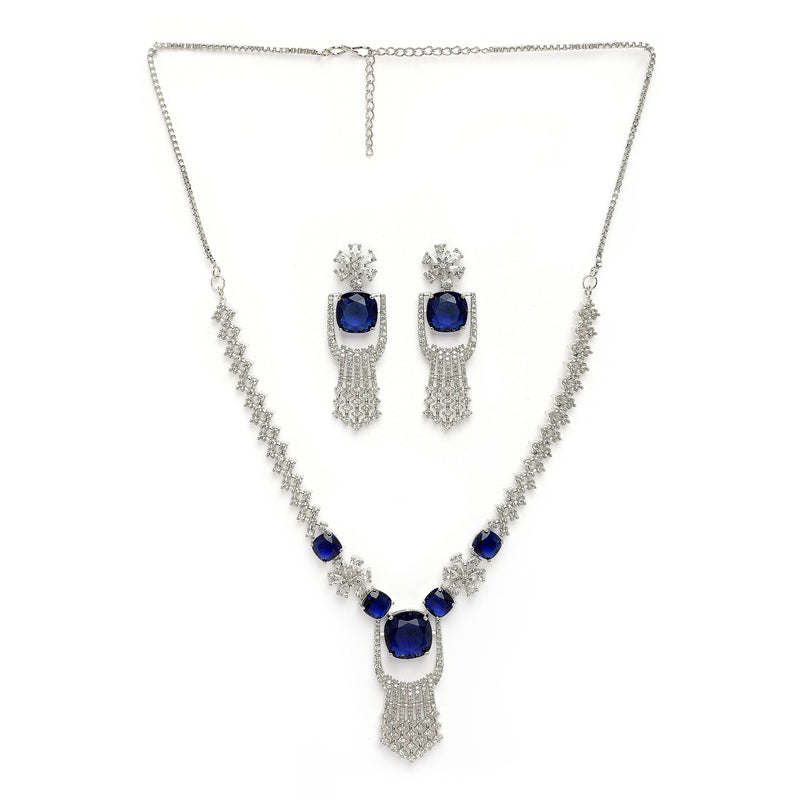 Rhodium Plated Silver Toned Floral Shaped Blue & White American Diamond Studded Jewellery Set