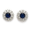 Rhodium Plated Silver Toned Blue & White American Diamond Studded Multi Layered Necklace With Earrings Jewellery