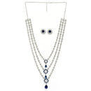 Rhodium Plated Silver Toned Blue & White American Diamond Studded Multi Layered Necklace With Earrings Jewellery