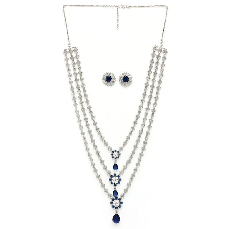 Rhodium Plated Silver Toned Blue & White American Diamond Studded Multi Layered Necklace With Earrings Jewellery