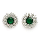 Rhodium Plated Silver Toned Green & White American Diamond Studded Multi Layered Necklace With Earrings Jewellery Set