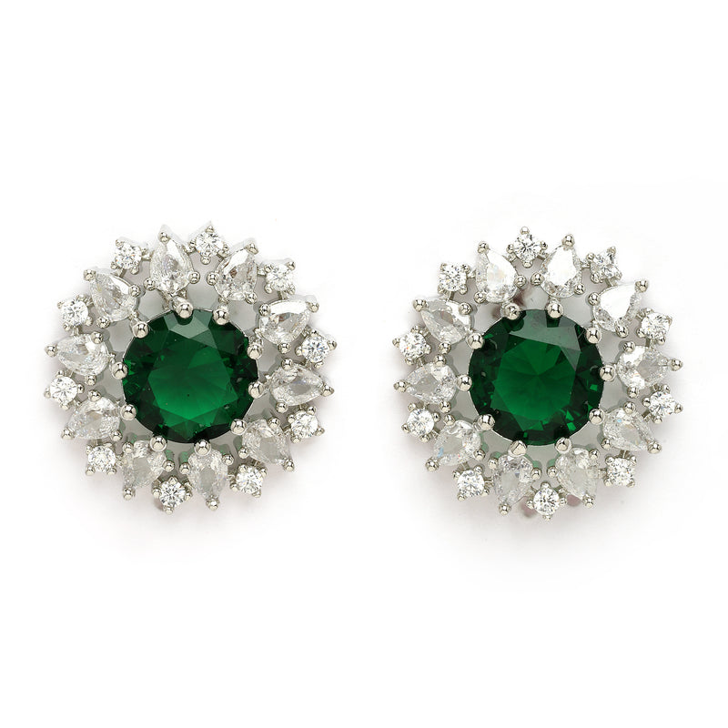 Rhodium Plated Silver Toned Green & White American Diamond Studded Multi Layered Necklace With Earrings Jewellery Set