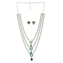 Rhodium Plated Silver Toned Green & White American Diamond Studded Multi Layered Necklace With Earrings Jewellery Set