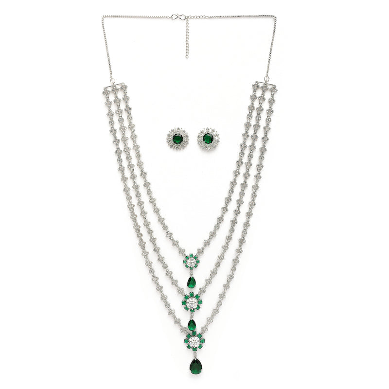 Rhodium Plated Silver Toned Green & White American Diamond Studded Multi Layered Necklace With Earrings Jewellery Set