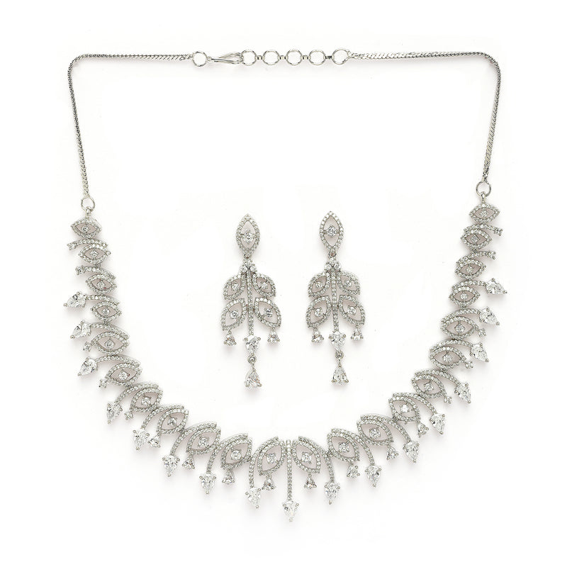 Rhodium Plated Silver Toned White American Diamond Studded Jewellery Set