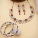 ZENEME Rhodium Plated Red American Diamond Rectangular Halo Floral Frame Necklace Set with Earrings & Set of 2 Bangles for Women & Girls