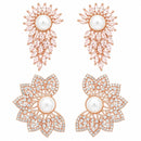 Rhodium Plated Pearl Leaf Cluster Stud Earrings Set of 2 Pairs for Women & Girls