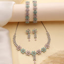 ZENEME Rhodium Plated Pink & Green American Diamond Pastel Floral Vine Necklace Set with Earrings & Set of 2 Bangles for Women & Girls