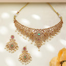 ZENEME Gold Plated AD Pearl Drop Floral Lattice Fringe Traditional Necklace Set with Matching Earring Jewellery Set For Women & Girls