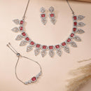 ZENEME Set of 3 Rhodium Plated AD Rectangular Halo Paisley Fringe Necklace Set & Wraparound Bracelet Jewellery Set For Women & Girls Silver Toned