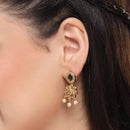 Gold Plated Emerald Oval Floral Pearl Drop Earrings for Women & Girls