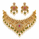 ZENEME Gold Plated AD Floral Lattice Fringe Traditional Necklace Set with Matching Earring Jewellery Set For Women & Girls