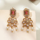 Gold Plated Blush Rectangle Floral Pearl Drop Earrings for Women & Girls
