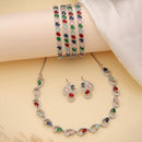 ZENEME Rhodium Plated Multicolor American Diamond Swirl Link Tennis Line Necklace Set with Earrings & Set of 2 Bangles for Women & Girls