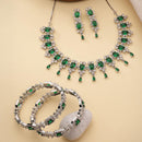 ZENEME Rhodium Plated Green American Diamond Double Halo Floral Fringe Necklace Set with Earrings & Set of 2 Bangles for Women & Girls