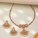 ZENEME Gold Plated AD Geometric Chandbali Pearl Drop Necklace with Matching Earring Jewellery Set For Women & Girls Gold Toned Necklace Set For Woman