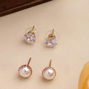 Gold Plated Pearl & Crystal Charm Stud Earrings Set of 2 Pairs for Women & Girls