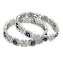 ZENEME Rhodium Plated Blue American Diamond Teardrop Halo Floral Fringe Necklace Set with Earrings & Set of 2 Bangles for Women & Girls