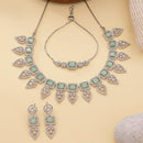 ZENEME Set of 3 Rhodium Plated AD Emerald-Cut Leaf Fringe Necklace Set & Wraparound Bracelet Jewellery Set For Women & Girls Silver Toned