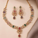 ZENEME Gold Plated AD Dual Teardrop Sunburst Necklace with Matching Earring Jewellery Set For Women & Girls Gold Toned Necklace Set For Woman