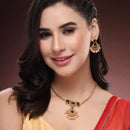 ZENEME Gold Plated AD Geometric Chandbali Pearl Drop Necklace with Matching Earring Jewellery Set For Women & Girls Gold Toned Necklace Set For Woman
