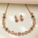 ZENEME Gold Plated AD Traditional Minimal Round Kundan Floral Necklace with Matching Earring Jewellery Set For Women & Girls Gold Toned Necklace Set For Woman
