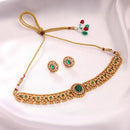 ZENEME Gold Toned Brass CZ Choker Necklace Set for Women Traditional Stone Beaded Green Stone Jewellery Set with Matching Earrings