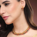 ZENEME Gold Plated Temple Necklace Earrings Set for Women Traditional Temple Heart Motif with Red & Green Gold Toned CZ Stones Jewellery Set For Girls