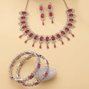 ZENEME Rhodium Plated Red American Diamond Baguette Bloom Fringe Necklace Set with Earrings & Set of 2 Bangles for Women & Girls
