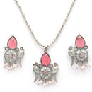Oxidised Silver Toned Tribal Bird Shaped Pink Cz Studded & Pearl Beaded Pendant Jewellery Set