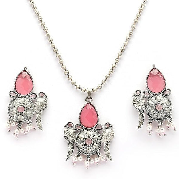 Oxidised Silver Toned Tribal Bird Shaped Pink Cz Studded & Pearl Beaded Pendant Jewellery Set