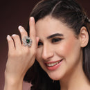 Rhodium Plated AD Green Crystal Statement Adjustable Ring for Women & Girls